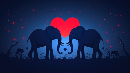 two elephants standing next to each other with a heart in the middle of the image on a dark blue background.