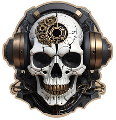 A photo of a skull wearing headphones with gears on its head