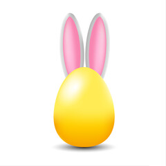 Happy Easter sticker. Bright yellow 3D Easter egg with bunny ears. vector illustration