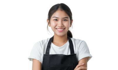 Confident Asian maid with a beautiful smile isolated on white background representing Cleaning Service - obrazy, fototapety, plakaty