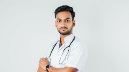 Confident Asian doctor with stethoscope or folded hands standing alone on white background