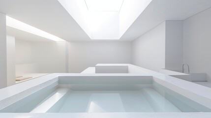 Fototapeta na wymiar Serene White Minimalist Bathroom with Sunken Bathtub