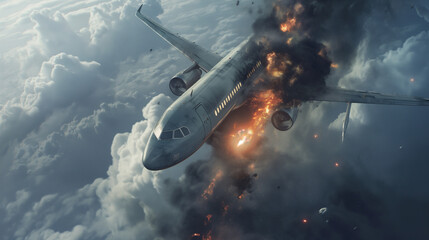 Falling and burning passenger plane in the sky at high altitude