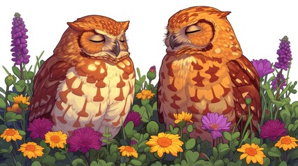 a couple of owls sitting next to each other on top of a lush green field of purple and yellow flowers.