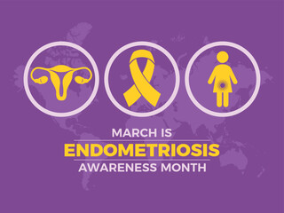 March is Endometriosis Awareness Month poster vector illustration. Yellow awareness ribbon, ovaries, uterus round icon set. Women's reproductive health symbol. Important day
