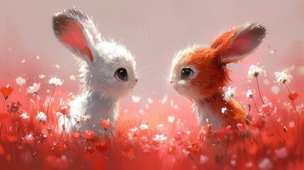 a couple of rabbits standing next to each other on a field of red and white flowers with white flowers in the foreground.