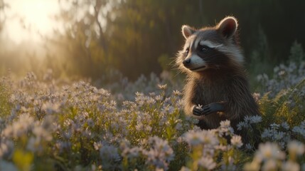 a raccoon sitting in the middle of a field of wildflowers with the sun shining through the trees in the background.