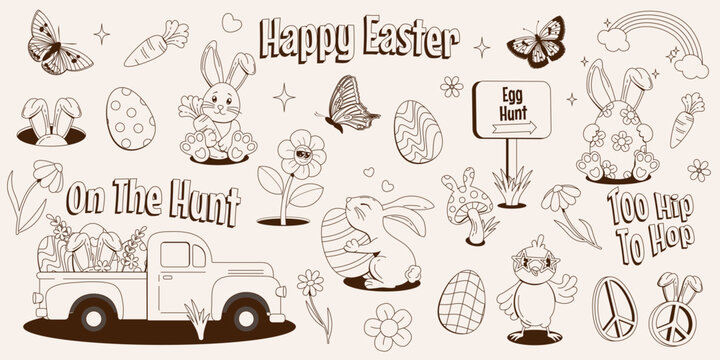 Collection of retro groovy festive Happy Easter elements and characters in monochrome palette. Vector cartoon stickers in hippie 70s style. Easter bunnies, eggs, butterflies, flowers, truck, chick.