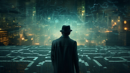 Write about a detective solving crimes in a city where advanced technology blurs the line between reality and virtual reality. - obrazy, fototapety, plakaty