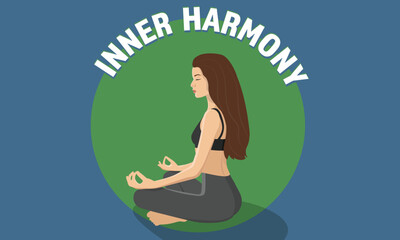 Yong woman practices yoga and meditates in the lotus position. Vector illustration depicts a concept of inner harmony. The image conveys a message of relaxation, harmony, and balance.