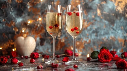 two glasses of champagne with red rose petals on a table with a heart - shaped candle and a red rose.