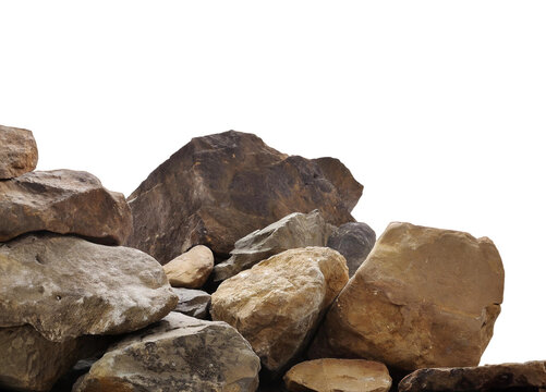 Pile of large brown rocks or boulders isolated cutout on transparent