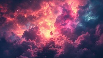 a man standing on a stairway in the middle of a cloud filled sky with stairs leading up to the sky.