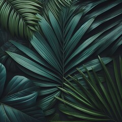 closeup nature view of green leaves and palms background. Flat lay, dark nature concept