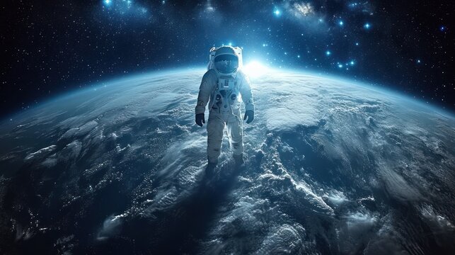 a man in a space suit standing on the edge of a large body of water in front of a star filled sky.