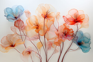 An illustration of isolated poppies in orange and red, blue flowers on a white background. Used for floral and summery themes.