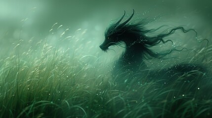 a picture of a horse in a field of grass with its hair blowing in the wind and water droplets on its face.