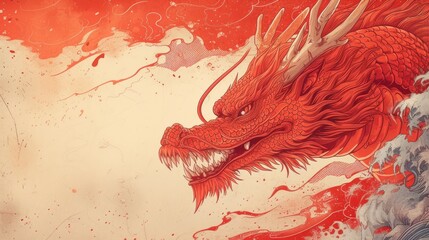 a painting of a red dragon with its mouth open on a red and white background with a splash of water in the foreground.