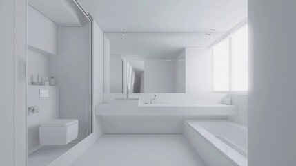 Fototapeta na wymiar Minimalist White Bathroom with Large Mirror