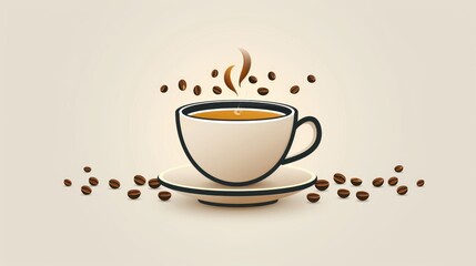 a cup of coffee with steam coming out of it and coffee beans scattered around it on a light colored background.