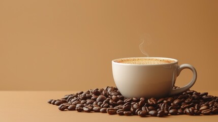 a cup of coffee with steam rising out of it sitting on top of a pile of coffee beans on a table.
