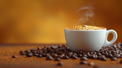 a cup of coffee with steam rising out of it sitting on a pile of coffee beans on a wooden table.
