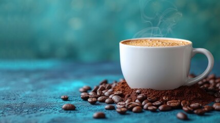 a cup of coffee with steam rising out of it sitting on a pile of coffee beans on a blue surface. - obrazy, fototapety, plakaty