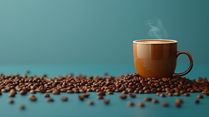 a cup of coffee sitting on top of a pile of coffee beans with steam coming out of the top of the cup.