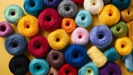 Closeup image of colorful wool yarn balls. Multi-colored threads for knitting