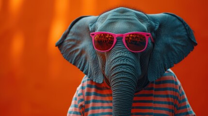 a close up of an elephant with sunglasses on it's head and a shirt on it's chest.