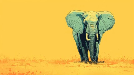 an elephant standing in the middle of a field with yellow and blue paint splattered on it's face.