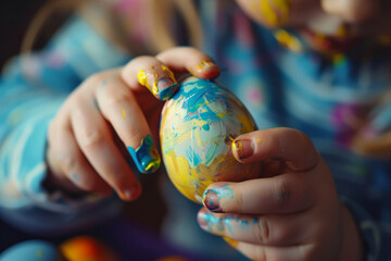 Close up of a child decorating an easter egg with colorful paint