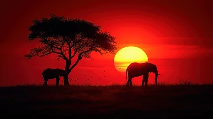 Poster a couple of elephants standing next to a tree on top of a grass covered field under a red sky with the sun in the background. © Shanti