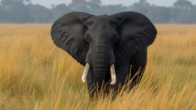 an elephant with tusks standing in a field of tall grass with trees in the distance in the background.