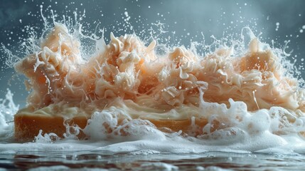 a close up of a piece of bread with milk splashing out of it on top of a table top.