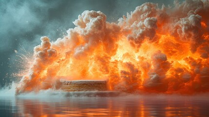 a large amount of orange and white smoke rising out of the top of a round object in the middle of a body of water.