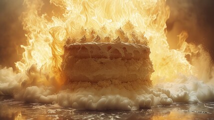 a close up of a cake on a table with a lot of fire coming out of the top of it.