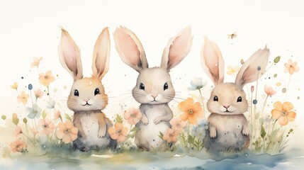 Obraz premium Cute bunny family in an Easter meadow watercolor