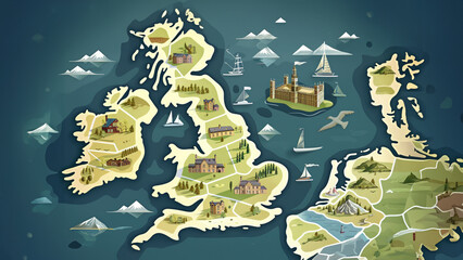 Vector map of Great Britain with famous symbols