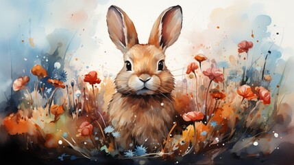 Easter Bunny meadow watercolor artwork - obrazy, fototapety, plakaty