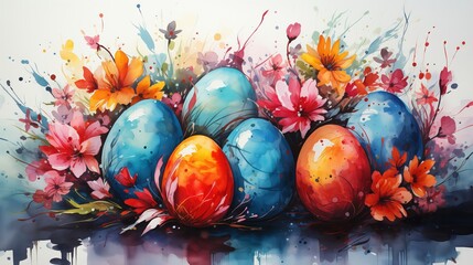 Watercolor Easter Eggs composition - obrazy, fototapety, plakaty
