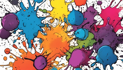 Obraz na płótnie Canvas Bright colorful paint spots, splashes, blots on a white background. Rainbow trendy design on white. AI generated