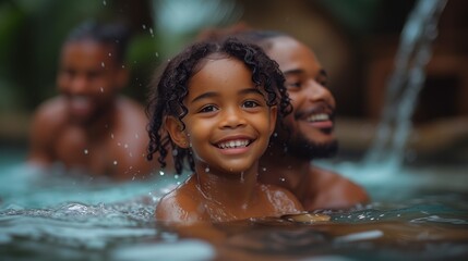 a man and a child are swimming in a pool
