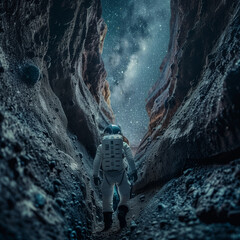 Astronaut Exploring Rocky Terrain Under Starry Sky - obrazy, fototapety, plakaty