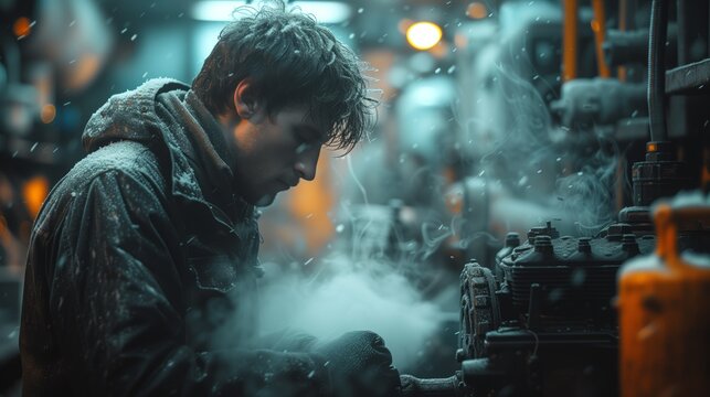 A man works on a smoky machine in a factory during the midnight shift