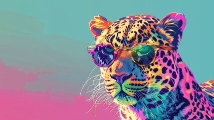 Cartoon colorful leopard with sunglasses background,, photogram - copy space