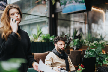 Focused man with laptop and woman talking on phone in a lush cafe setting, embodying modern work...