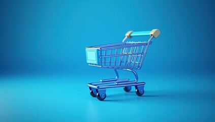 Shopping cart icon on blue background. 3d rendering e-commerce.