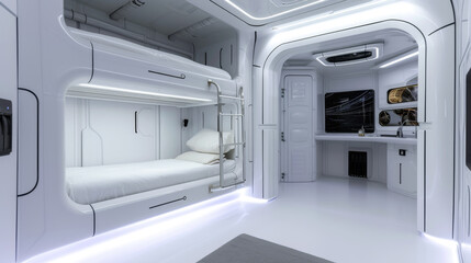 Spaceship room with bunk bed and kitchen, design of habitat in starship or home on planet. Inside futuristic spacecraft, living compartment interior. Concept of space, technology, future