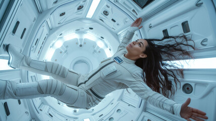 Woman astronaut floats inside spaceship, young female person in zero gravity in corridor of spacecraft or space station. Concept of people in ship interior, sci-fi movie, weightlessness